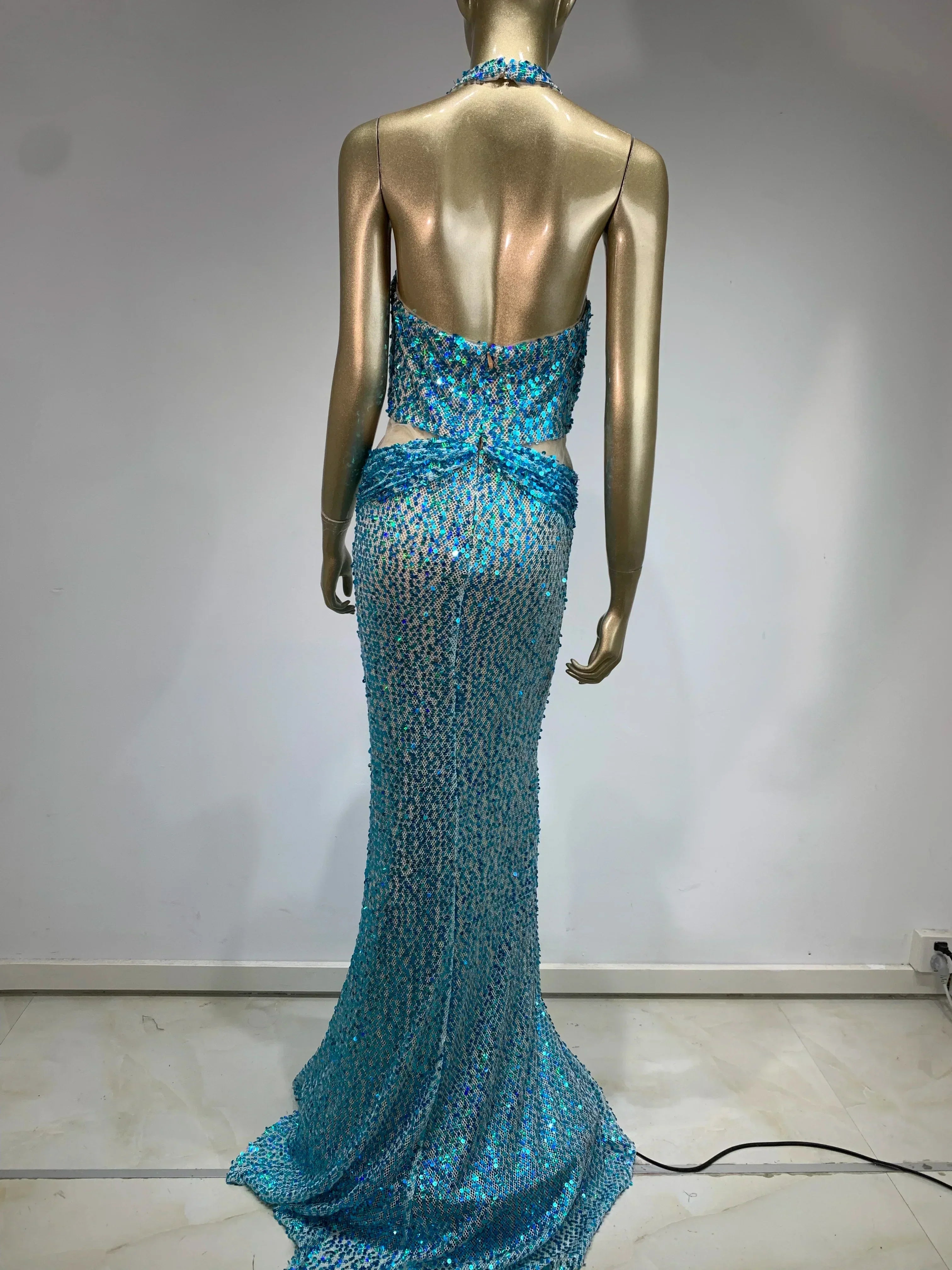 Sequin Halter Neck Deep V-Neck Cut Out Sheer Mermaid Gown