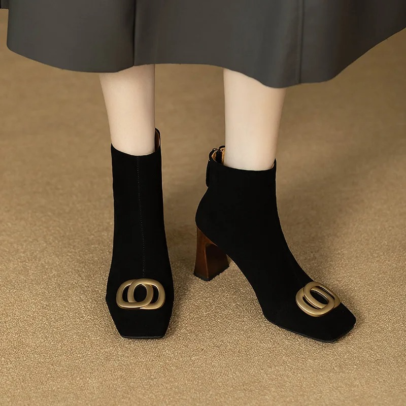 Suede Look Square Toe Metal Buckle Block Heel Ankle Boots
