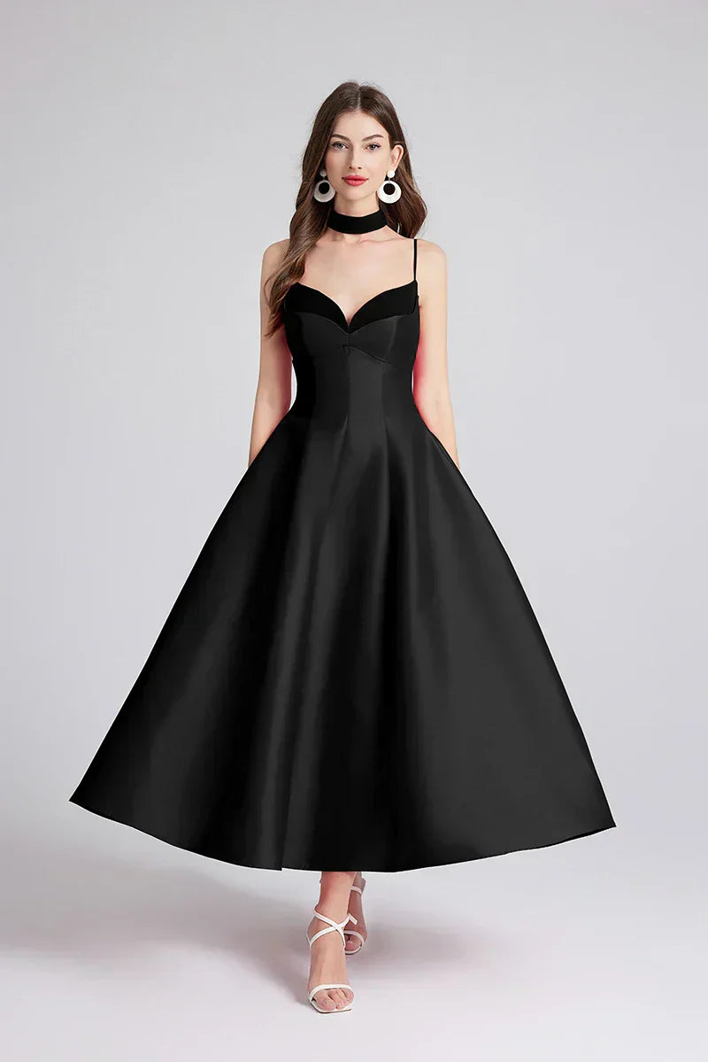 Satin Sweetheart Spaghetti Strap Fit and Flare Midi Dress