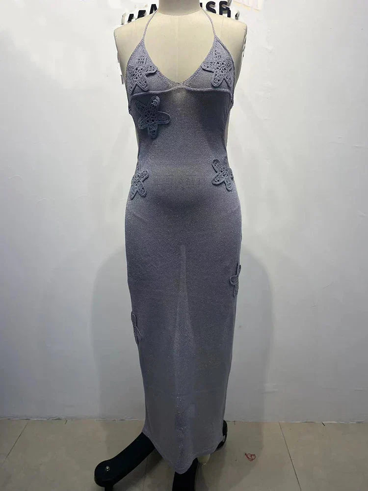 Glitter Sheer Halter Women Maxi Dress Gray Backless - View 5