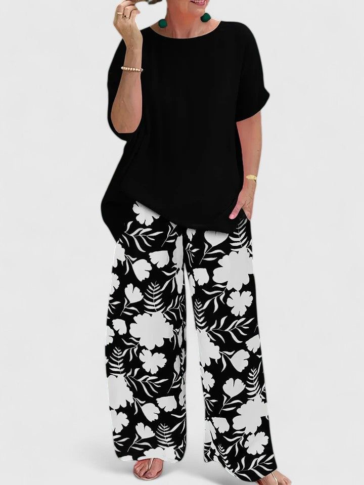 Round Neck Short Sleeve Top and Floral Print Wide Leg Pants Two Piece Set