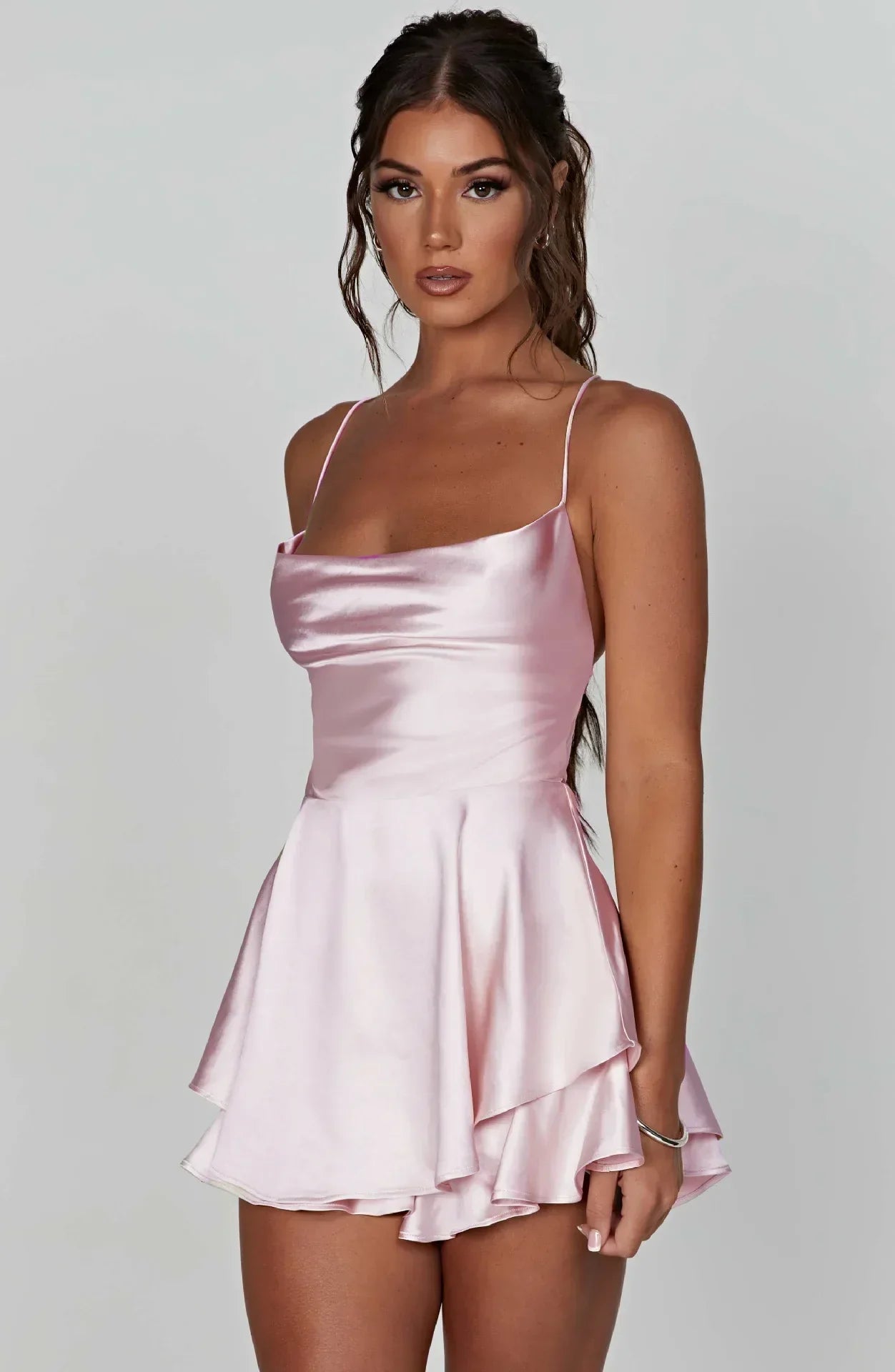 Satin Cowl Neck Spaghetti Strap Tiered Ruffle Flared Mini Dress
