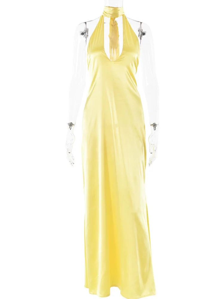 Satin Halter Neck Choker Deep V-Neck Bodycon Maxi Gown