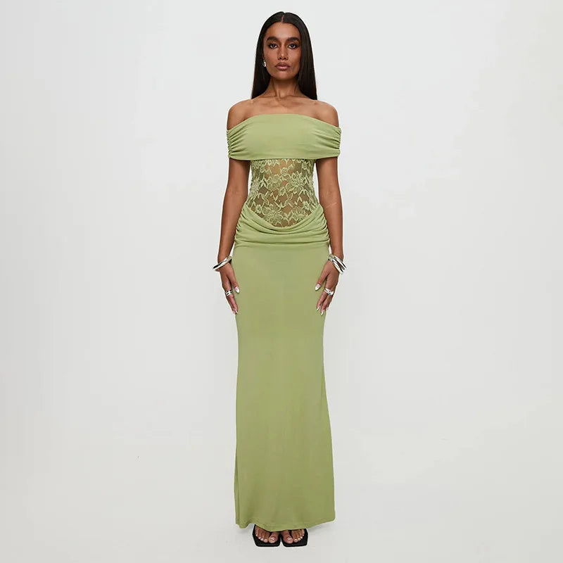 Off - shoulder Strapless Green Lace Sheer Long Dress - View 5
