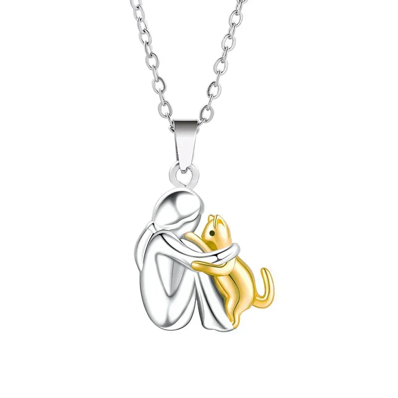 Girl and Cat Hug Pendant Chain Necklace