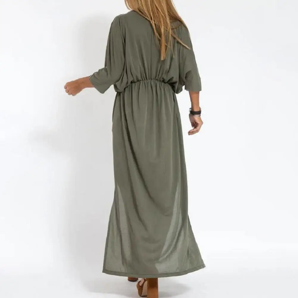 V-Neck Batwing Sleeve Elastic Waist Pocket Maxi Dress
