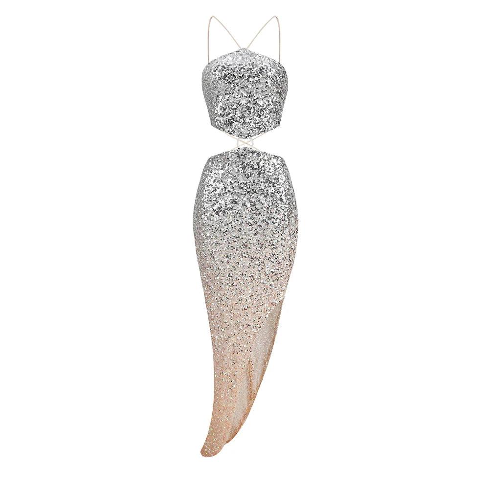 Sequin Halter Neck Cut Out High Split Bodycon Maxi Dress