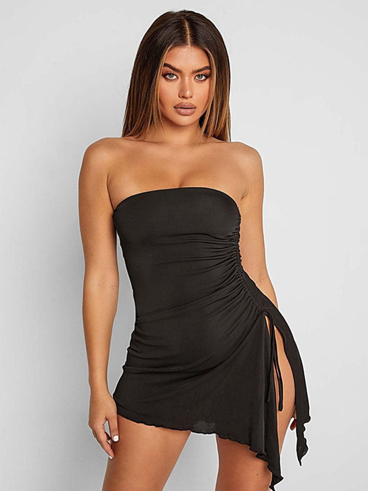 Strapless Ruched Drawstring Side Split Asymmetric Hem Tube Mini Dress 2
