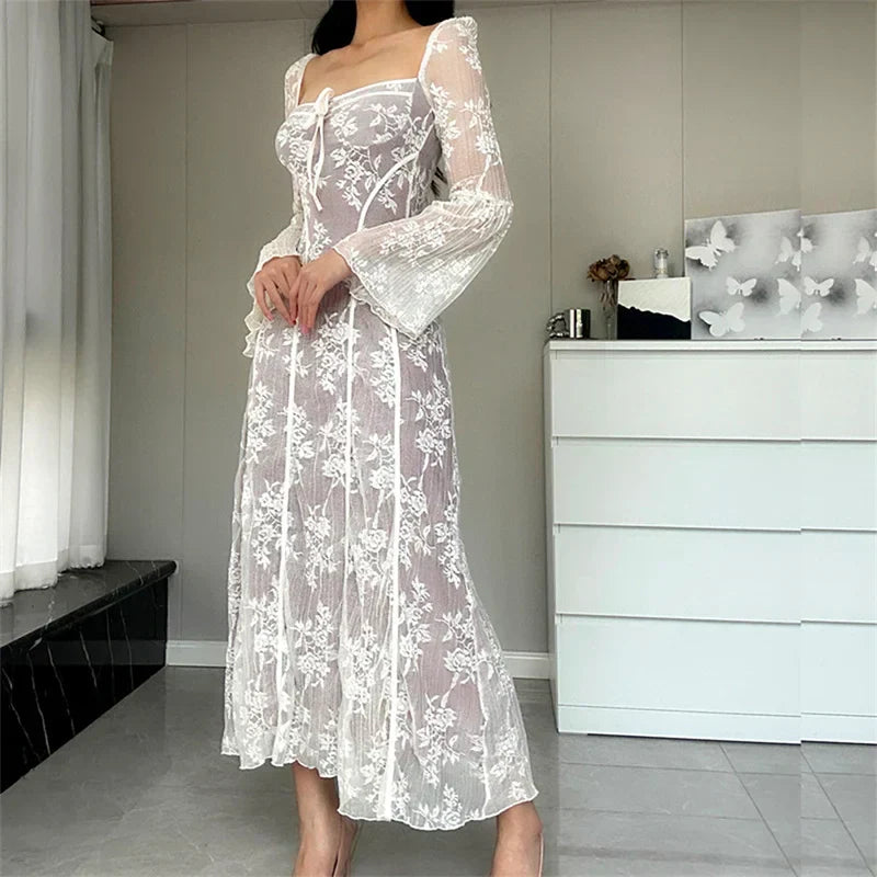Lace Flared Sleeve A-Line Midi Dress - View 4