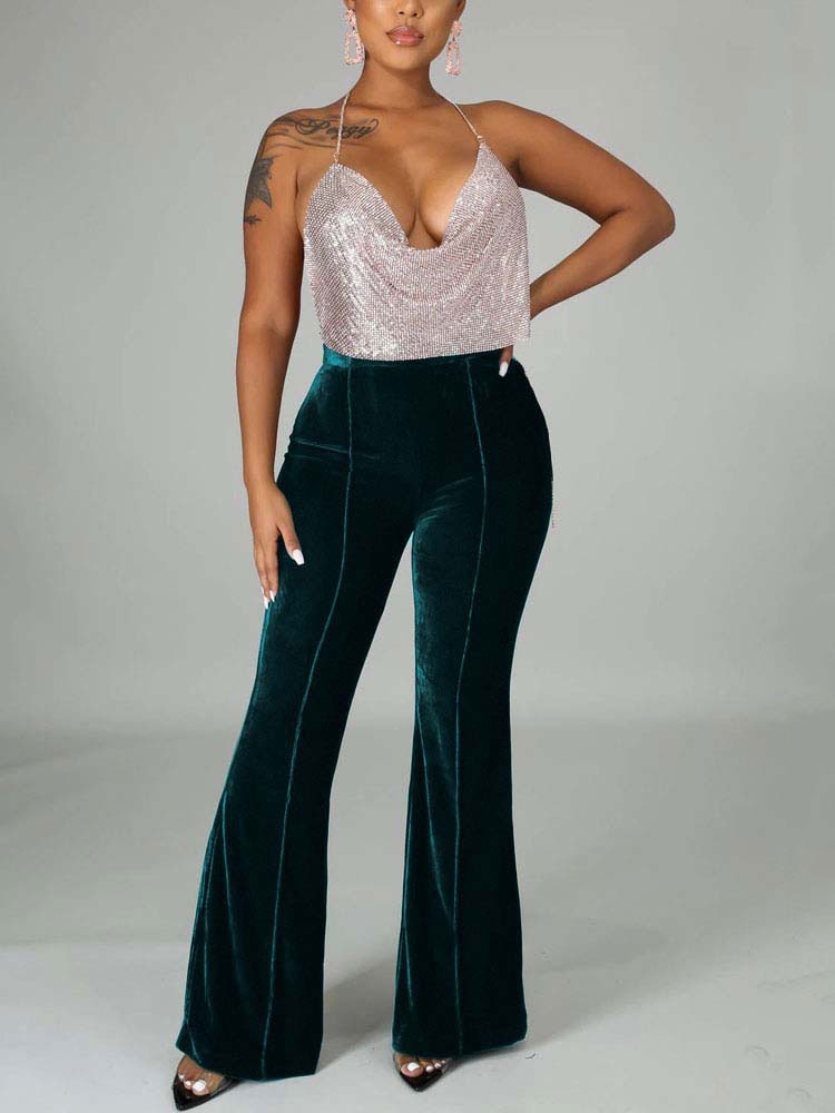 High Waist Velvet Front Seam Flare Leg Bell Bottom Pants