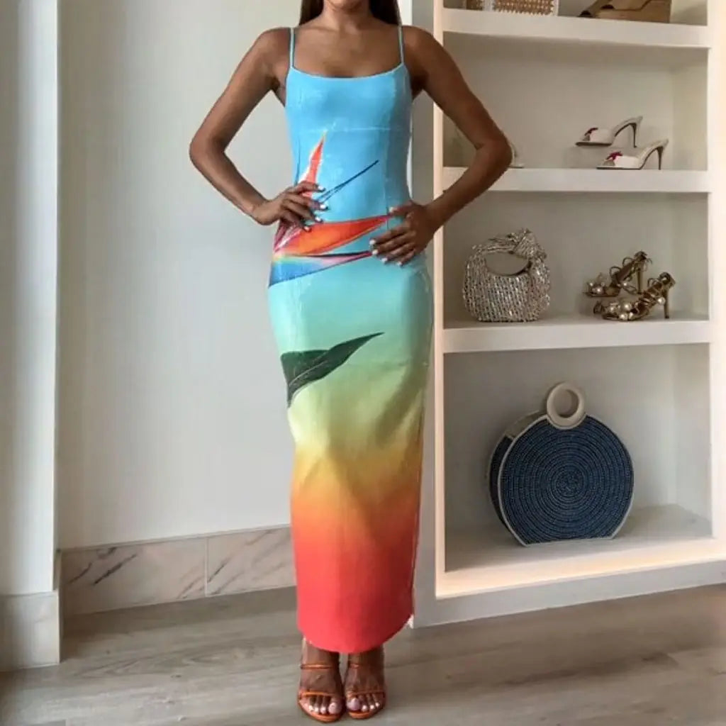Tropical Floral Print Spaghetti Strap Bodycon Maxi Dress