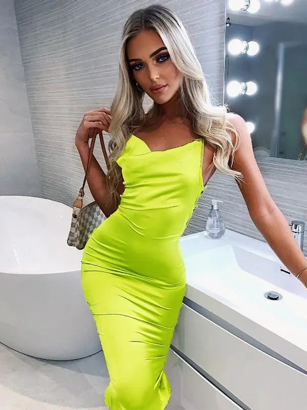 Neon Satin Lace Up Backless Midi Dress - View 7