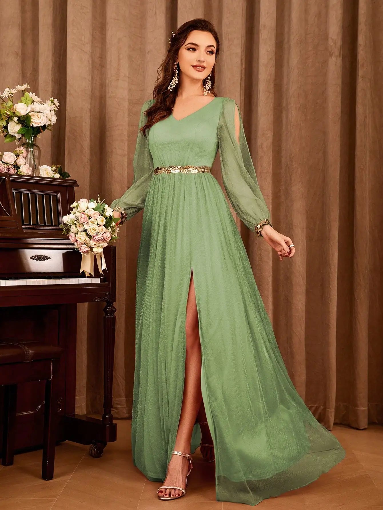 Gauze Applique Slit V-neck Maxi Dress - View 5