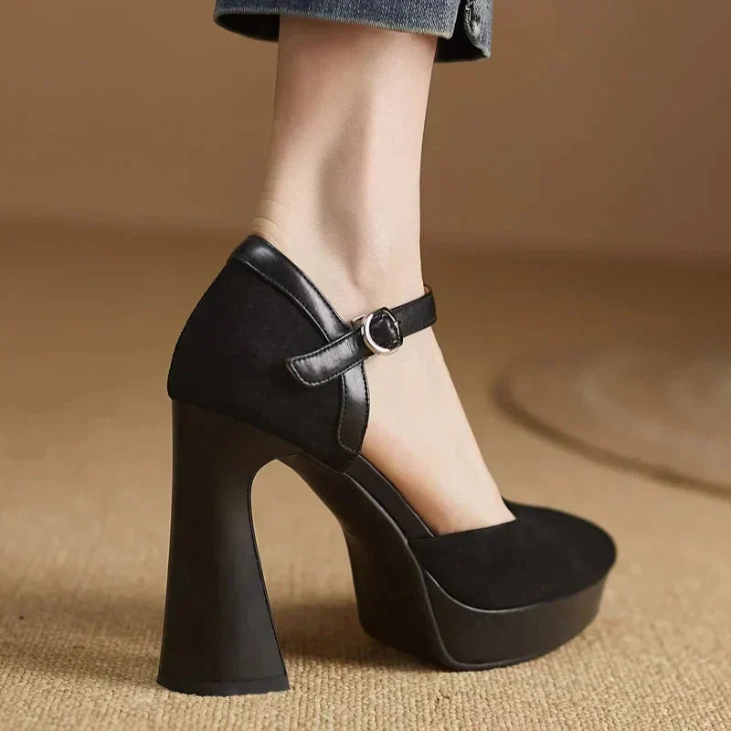 Suede Ankle Strap Platform Block Heel Pumps