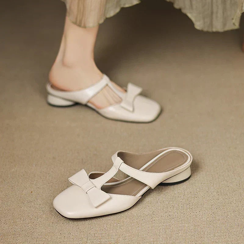 Square Toe Bow T-Strap Flat Mules