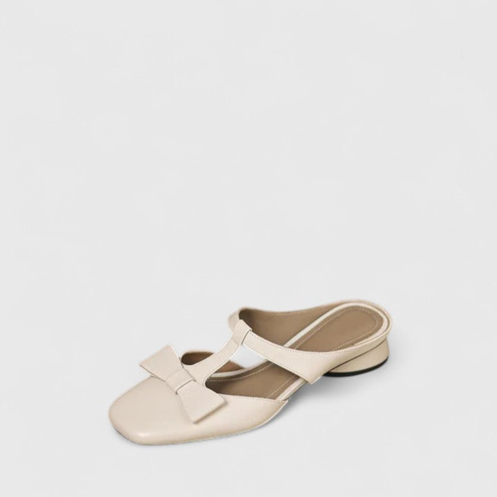 Square Toe Bow T-Strap Low Block Heel Mules
