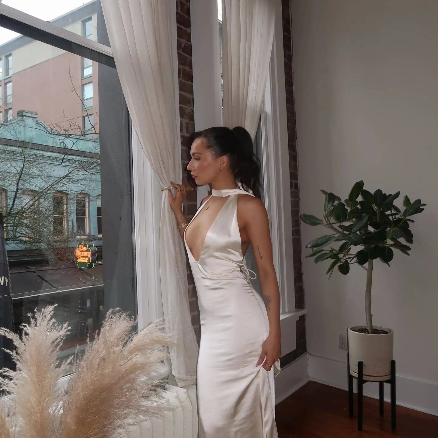 Satin Halter Neck Choker Deep V-Neck Bodycon Maxi Gown