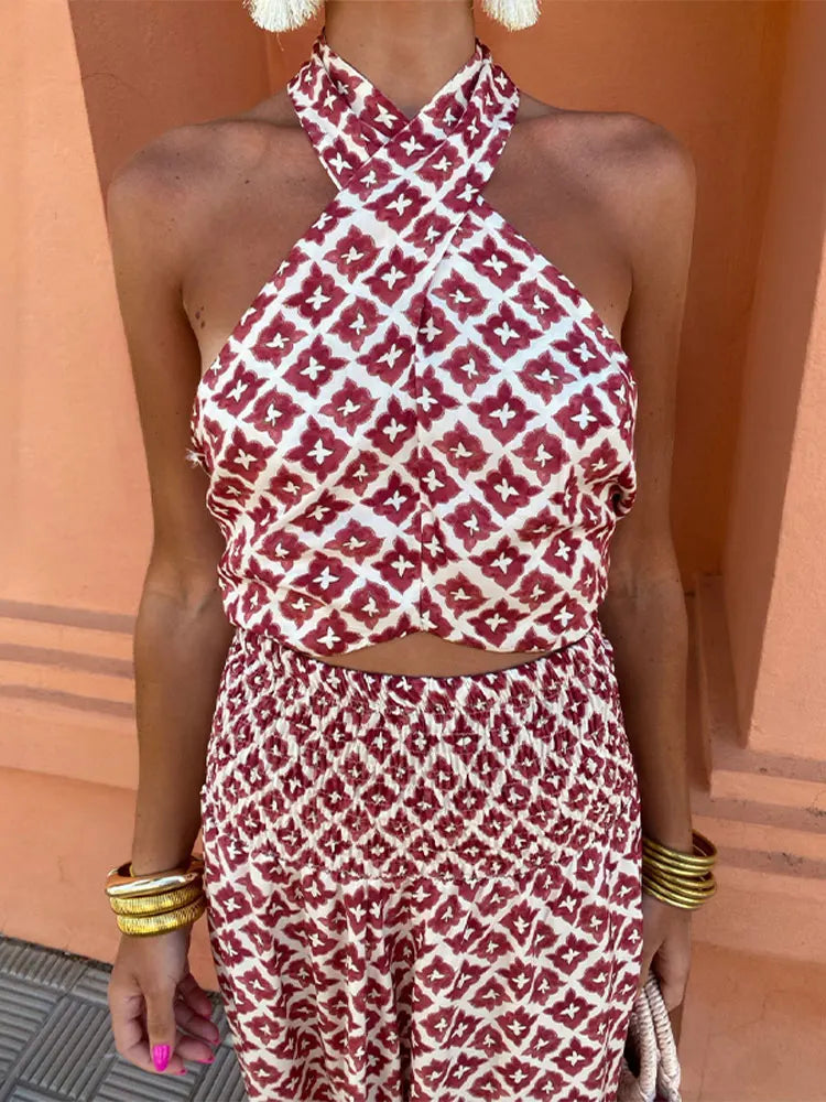 Geometric Print Halter Neck Cross Front Cut Out Tiered Maxi Dress
