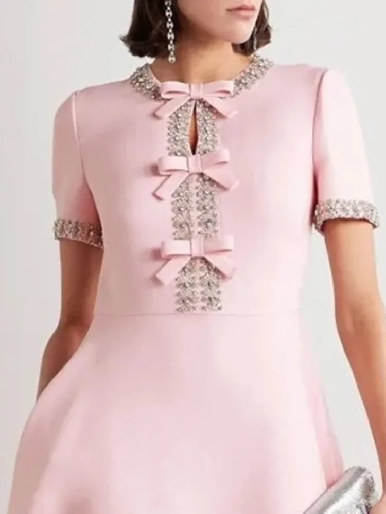 Rhinestone Trim Bow Detail Keyhole Neck Short Sleeve A-Line Midi Dress