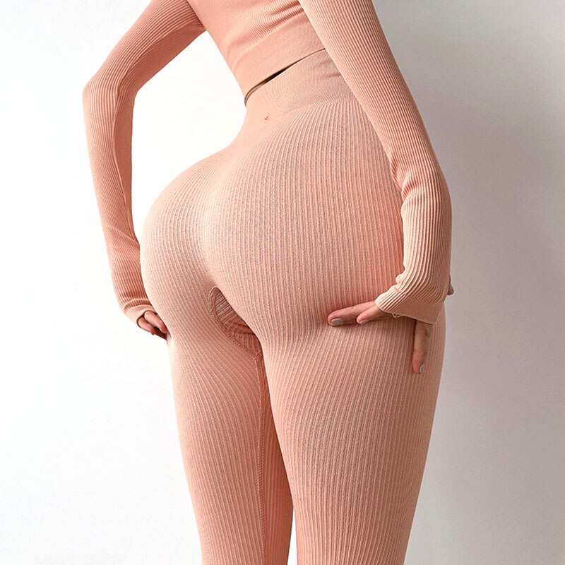 Mojoyce Ribbed Yoga Pants Sport Leggings Women Fitness Gym Clothing High Waist Push Up Seamless Workout Pants Solid Tights