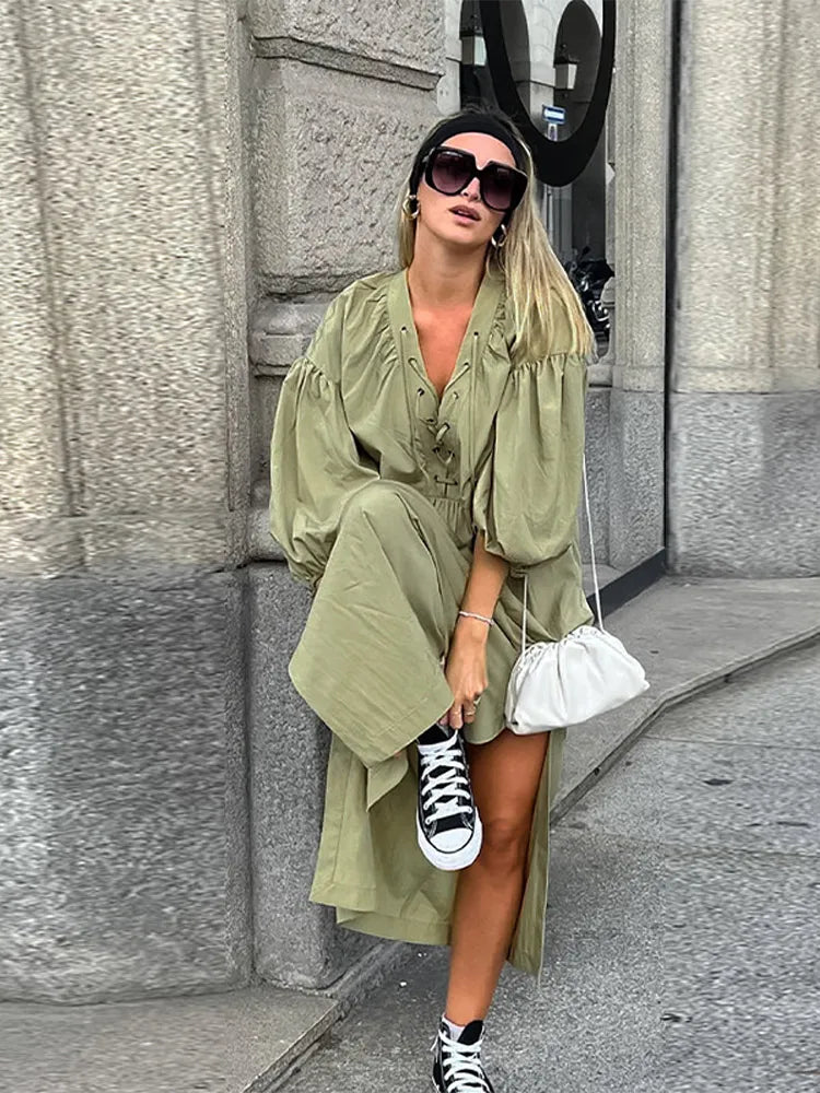 Casual Street Lace Up Long Dresses Women Chic Loose V neck Side Slit Solid Dress Female Summer Versatiel Street Party Robes