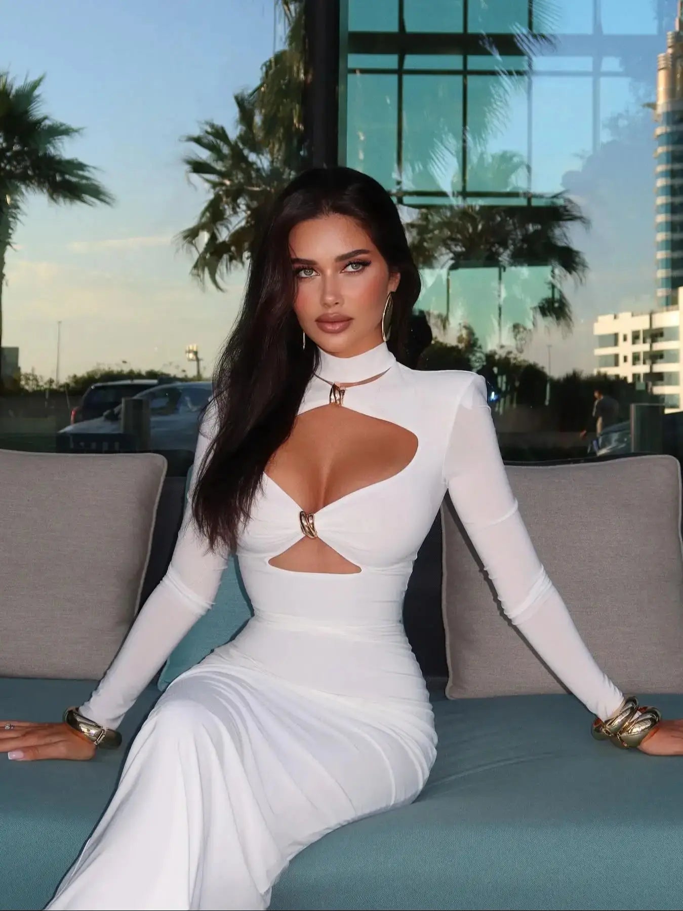 Mesh Long Sleeve Mock Neck Heart Cut Out Ring Detail Bodycon Midi Party Dress
