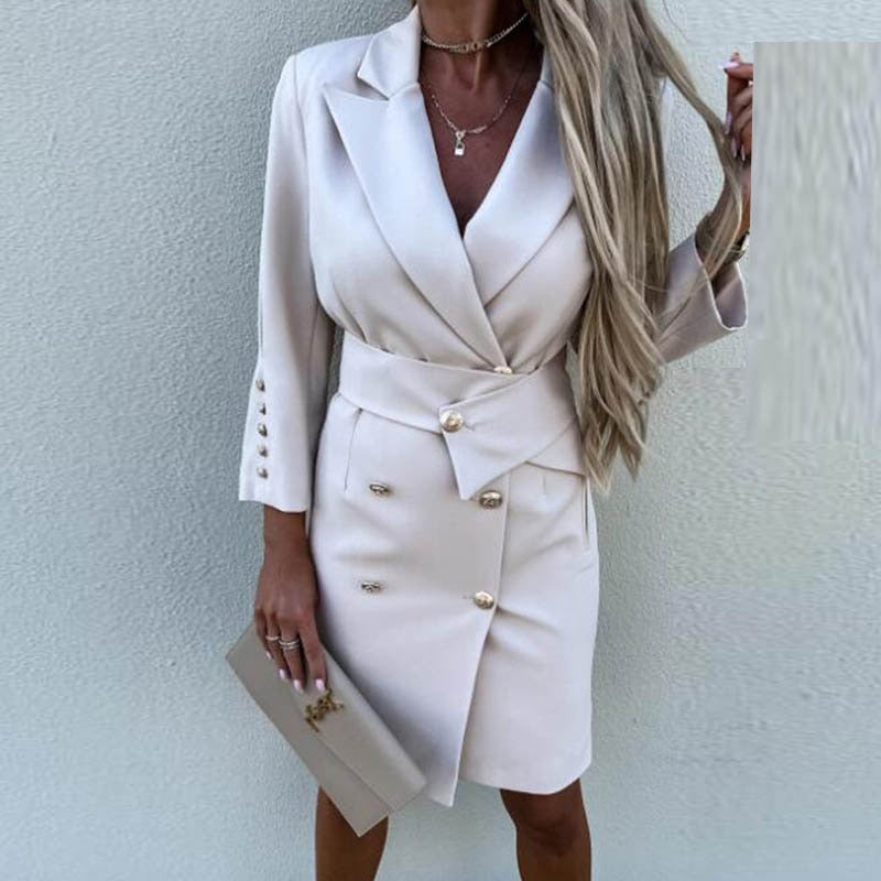 Double Breasted Notched Lapel Crossover Waist Blazer Mini Dress