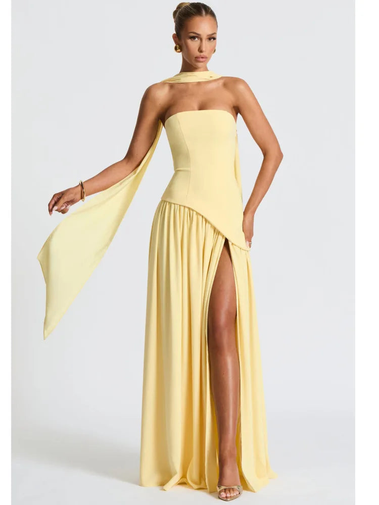 Strapless Scarf Neck High Split Satin Maxi Dress