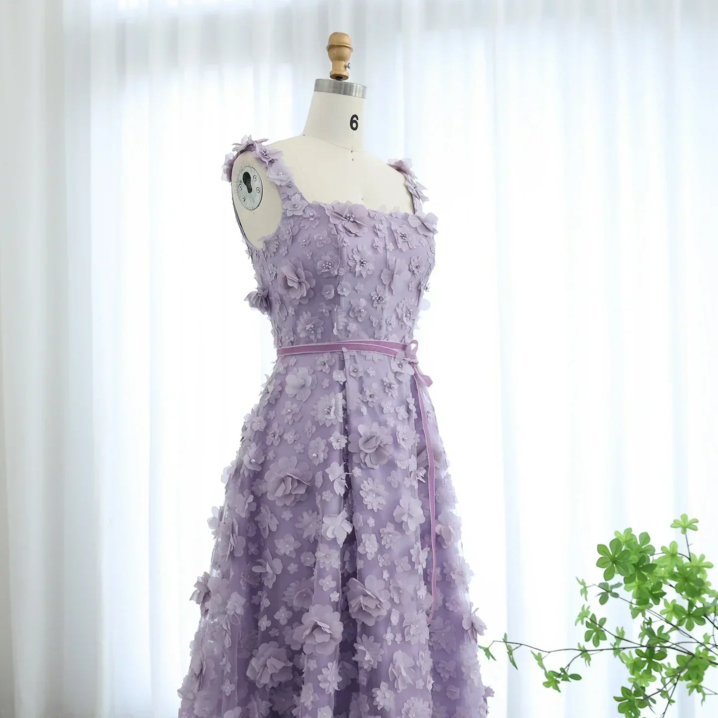 3D Floral Applique Square Neck High Split Tulle A-Line Gown