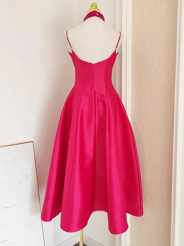 Satin Sweetheart Spaghetti Strap Fit and Flare Midi Dress
