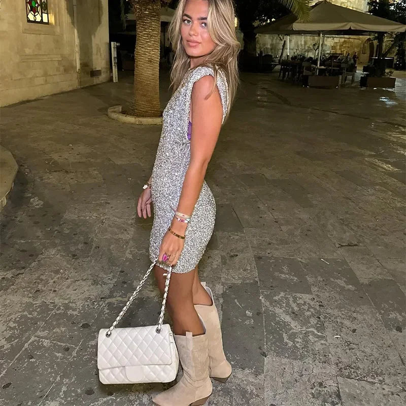 Sequin Mock Neck Shoulder Pad Sleeveless Bodycon Mini Dress