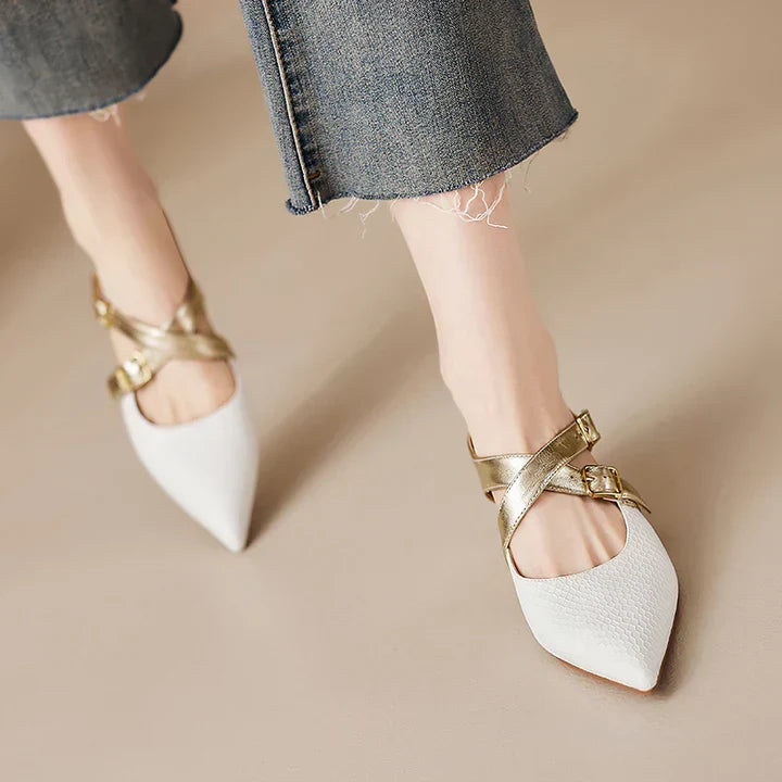 Pointed Toe Cross Ankle Strap Buckle Slingback Heels