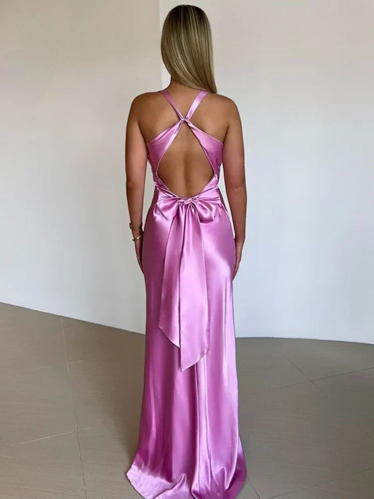 Satin Cross Back Cut Out Bow Tie Back Maxi Dress 5