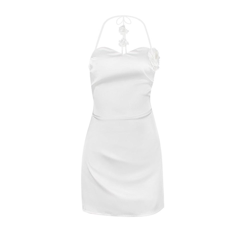 Satin Halter Neck Backless Floral Applique Mini Dress