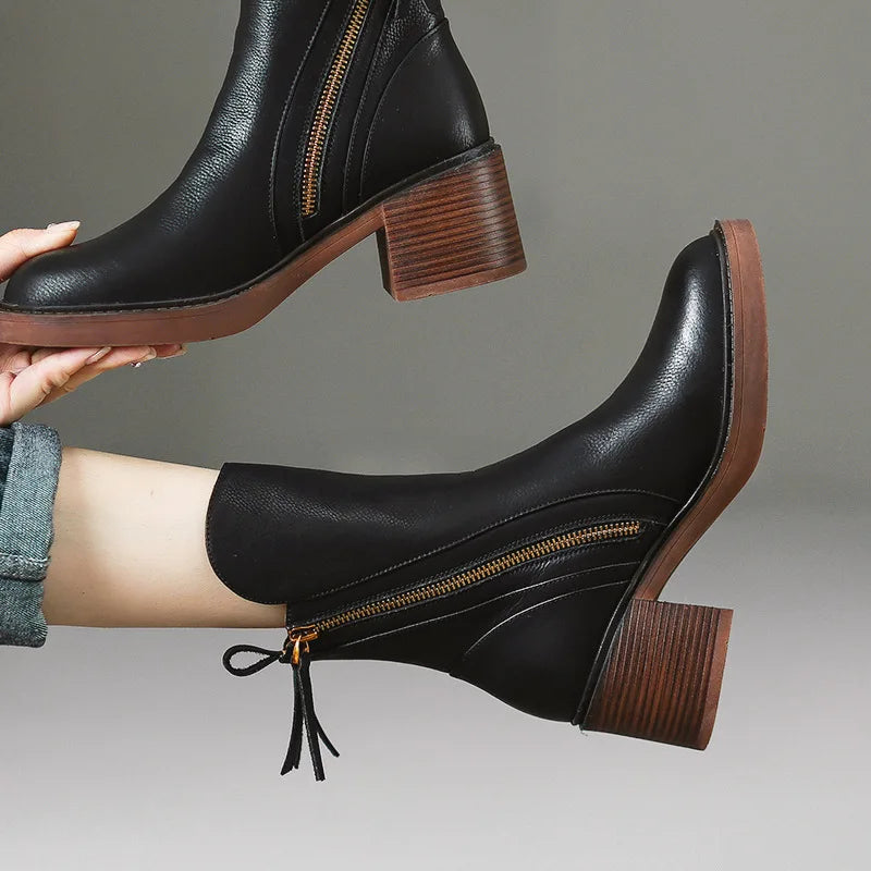 Pointed Toe Side Zip Block Heel Mid Calf Western Boots