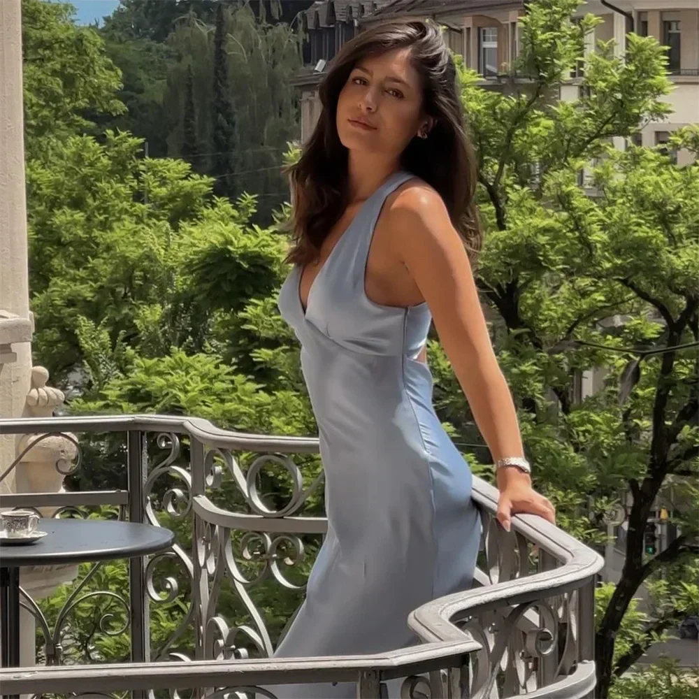 Slim Fit V-neck Hollow Silk Satin Dress - View 3