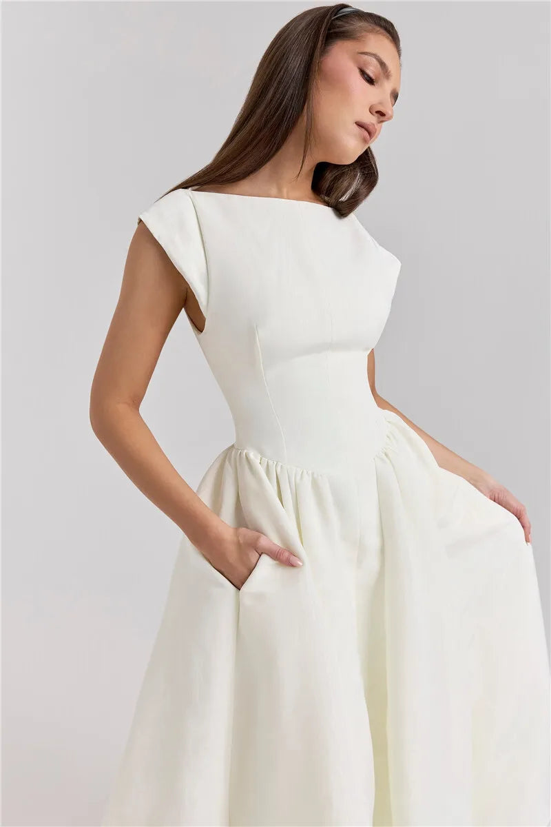 White Backless Solid Hollow Out Pleated Dress