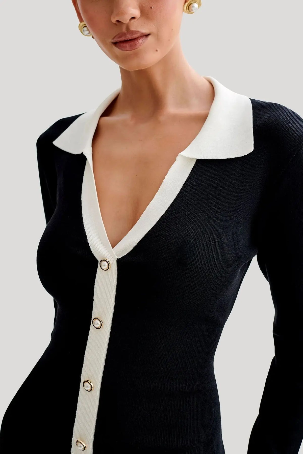 Contrast Collar Button Front Long Sleeve Ruffle Hem Knit Mini Dress 7
