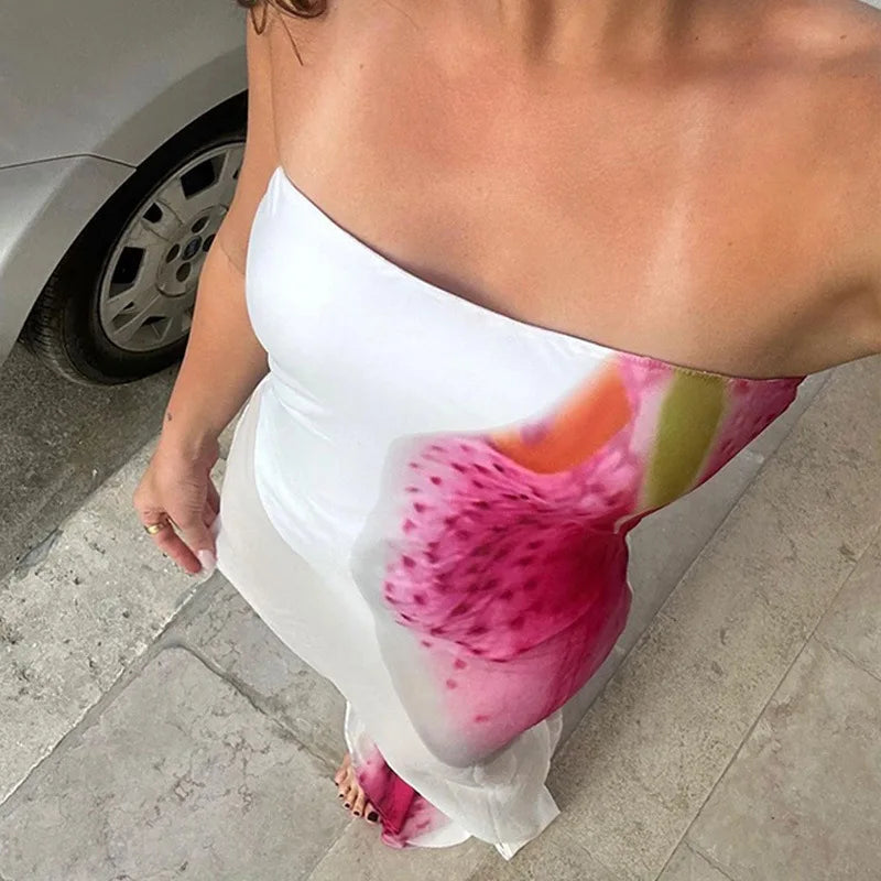 Strapless Ruffle Cutout Bodycon High Split Midi Dress