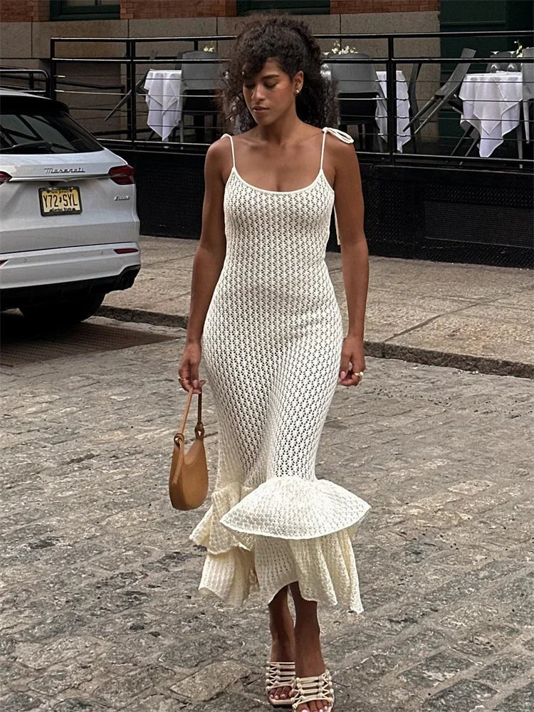 Crochet Knit Spaghetti Strap Tiered Ruffle Hem Mermaid Maxi Dress 2