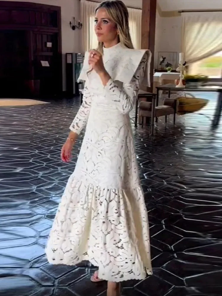 Long Sleeve Mock Neck Lace Capelet Shoulder Tiered Ruffle Maxi Gown