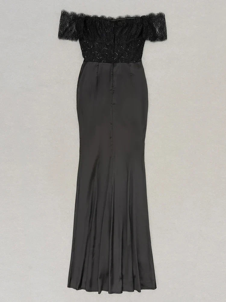 Lace Corset Off Shoulder Sweetheart Ruched Front Maxi Gown