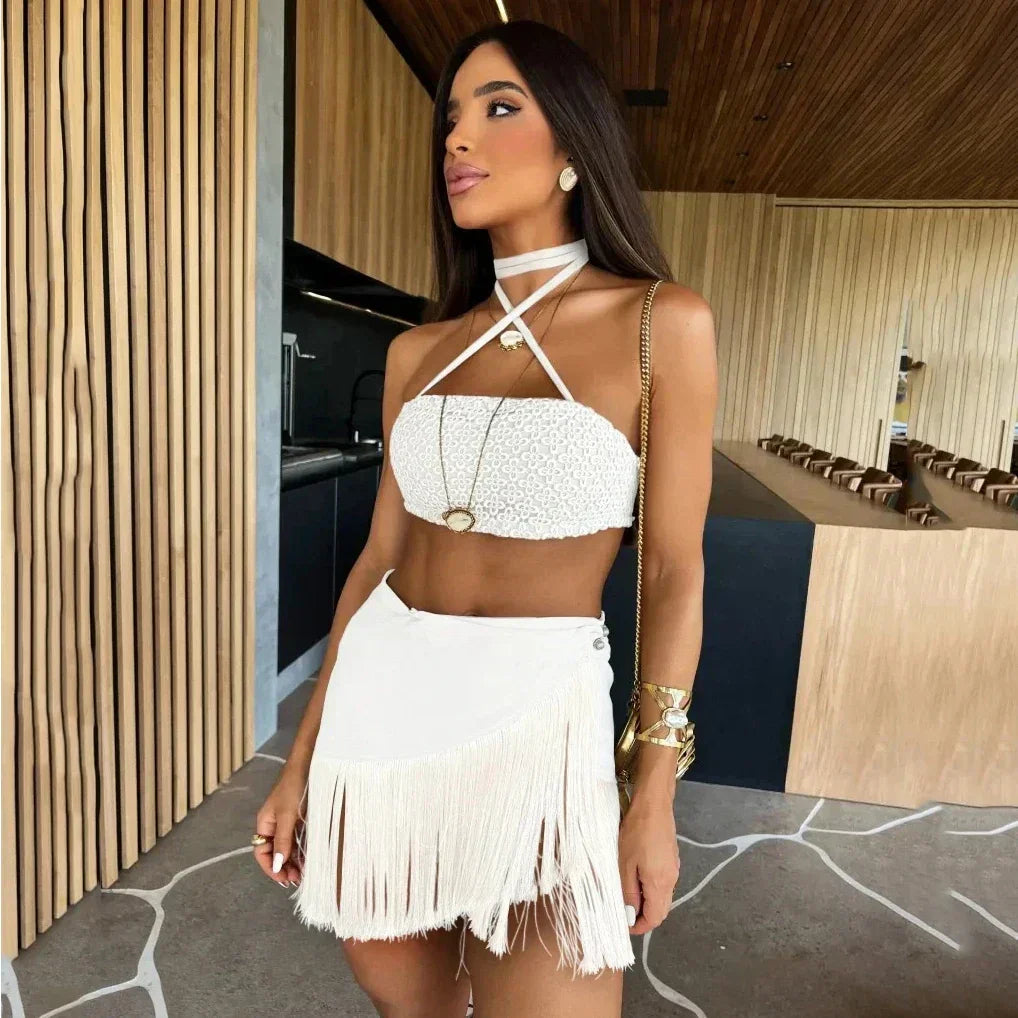 Leopard Print Halter Crop Top Fringe Mini Skirt Two Piece Set
