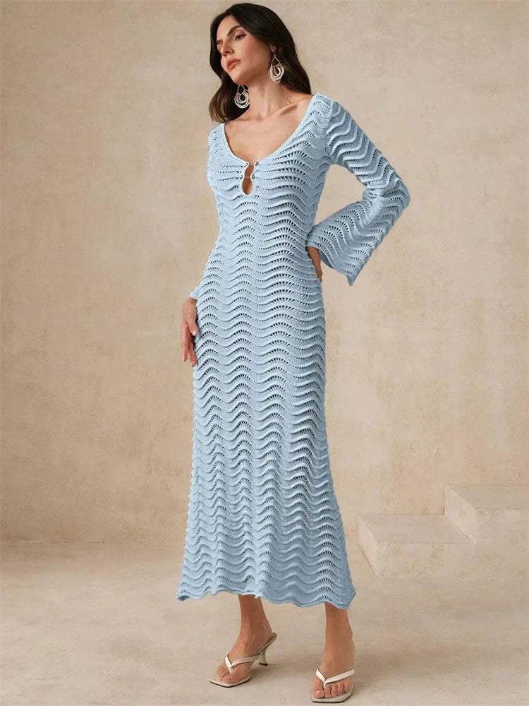 Open Knit Bell Sleeve Keyhole Metal Bar Back Tie Maxi Dress