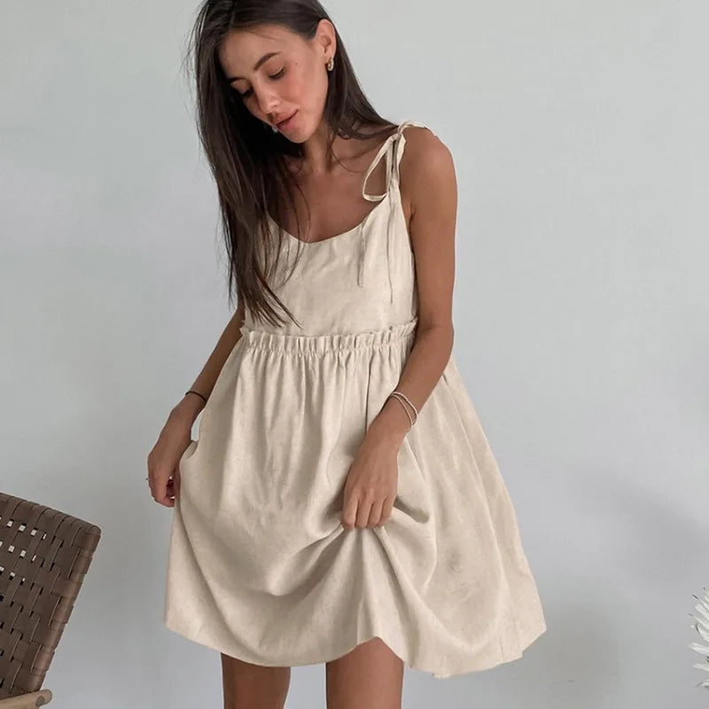 Tie Strap Scoop Neck Gathered Empire Waist Flared Babydoll Mini Dress