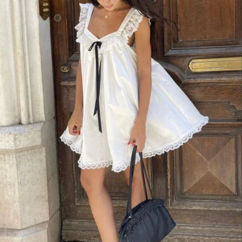 Ribbon Bow Lace Trim A-Line Mini Dress - View 6