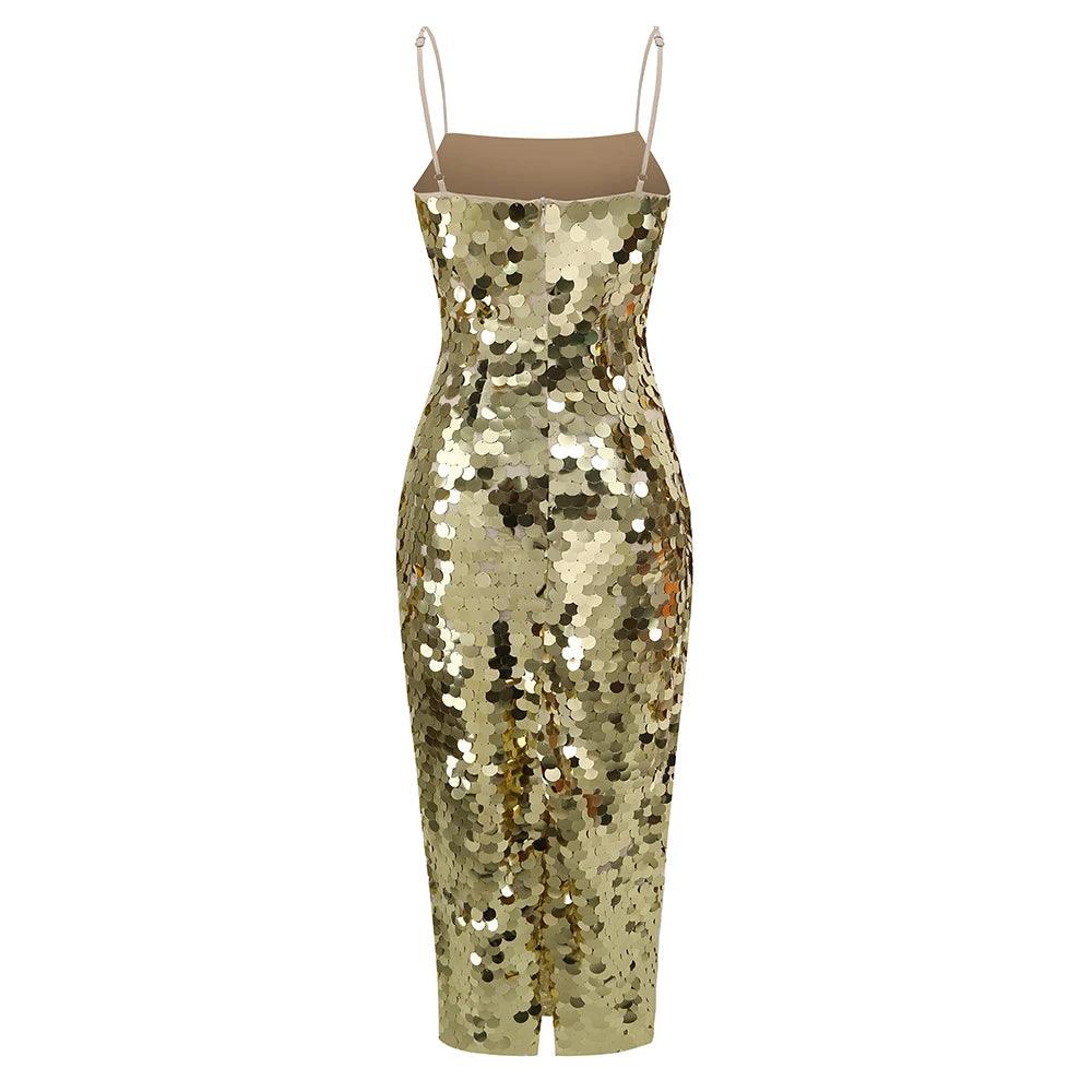 Sequin Spaghetti Strap Asymmetric Fringe Hem Bodycon Midi Dress