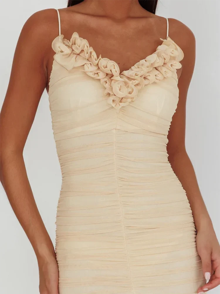 Ruched Mesh Ruffle V-Neck Spaghetti Strap Tiered Mermaid Midi Dress 6
