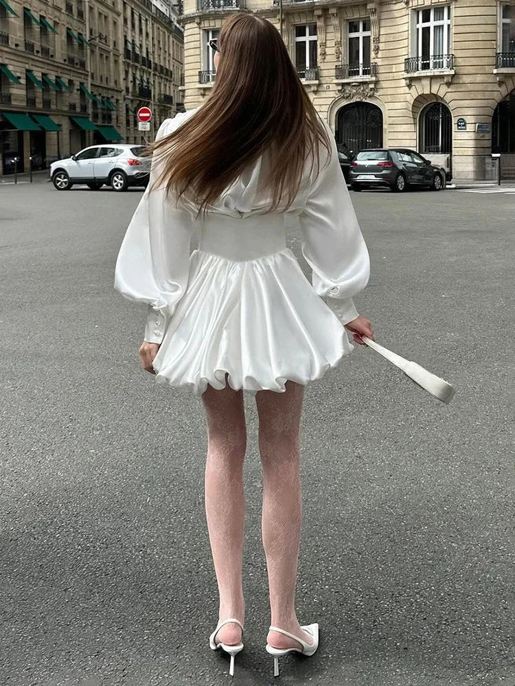 Deep V-Neck Puff Sleeve Corset Waist Bubble Skirt Mini Dress