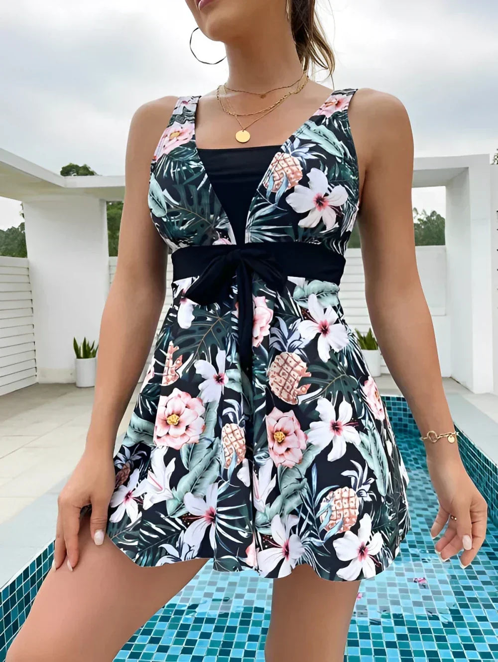 Floral Print Tie Waist Skirted One Piece Swimsuit